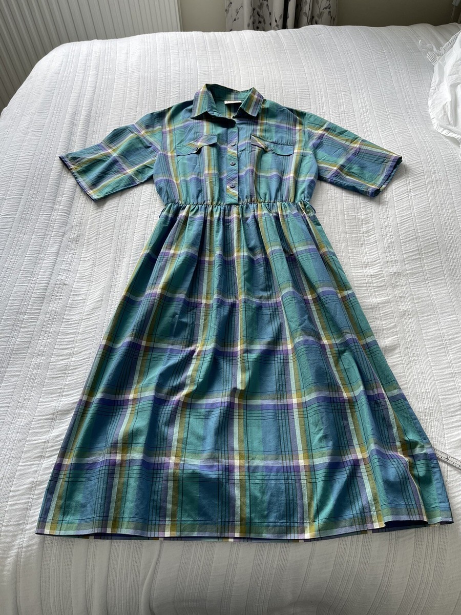 True Vintage Cipriani Green Blue Purple Check Midi Shirt Dress 10 
