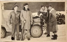 Vintage Old 1940's WWII Photo of a Military Jeep and Men Holding a Shotgun Gun