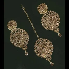  Gold Plated Austrian Stone Earrings With Maang Tikka