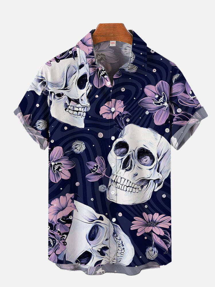 Purple Fantasy Skull & Flowers Hawaiian Shirt for Men US Size Summer Style