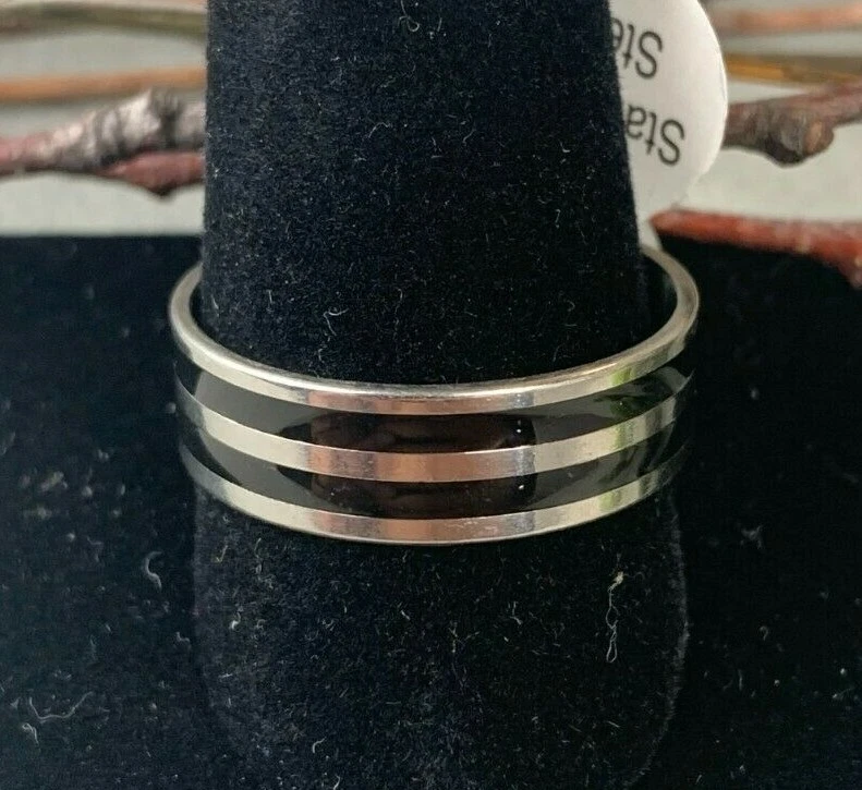 Double Black Stripe Silver Stainless Steel Band Ring (Size 22)