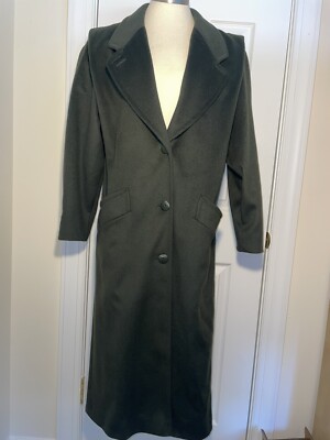 Prima Lana Sz M-L Green Vintage 100% Wool Long Trench Coat Pleated Pockets USA