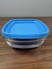 Duralex Freshbox Glass Food Storage Container Bowl w Blue Lid France 5 1/4”