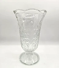 Vintage E. O. Brody Co. M5200 Crystal Clear Glass Footed Vase 9" Leaf Pattern