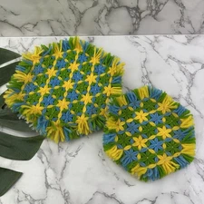 Vintage 80s Floral Trivet Set of 2 Green Yellow Yarn Fringe Geometric Kitchen