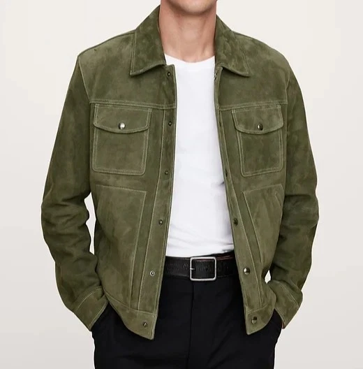 Leather Trucker Jacket for Men Green Pure Suede Custom Made Size S M L XXL - 349