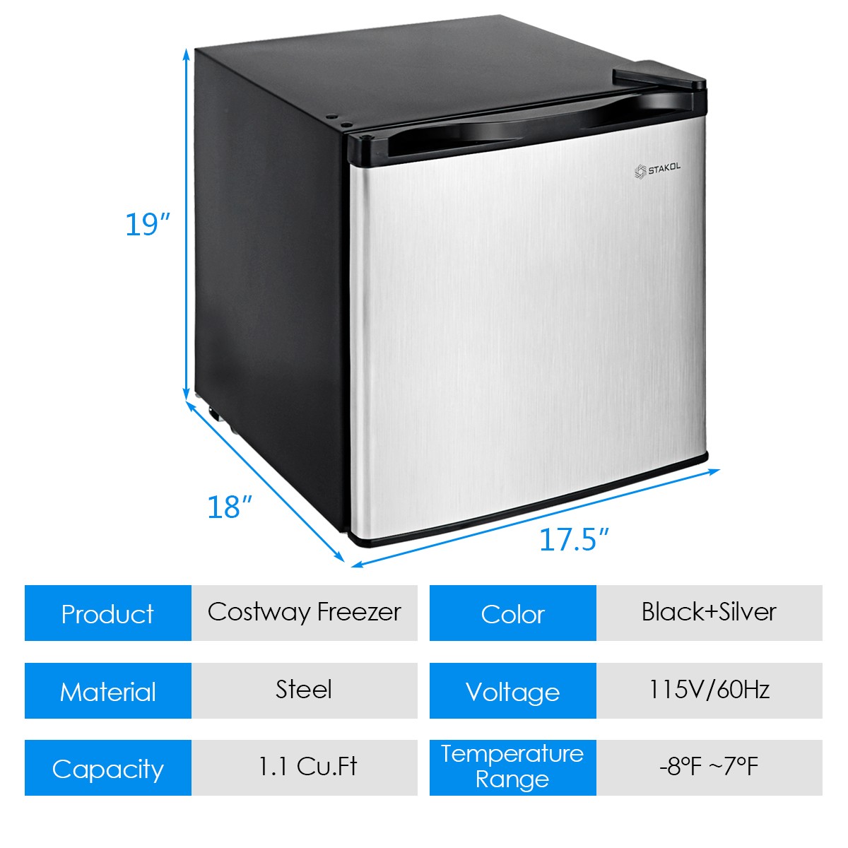 Stakol 1.1 cu.ft. Compact Single Door Mini Upright Freezer Stainless Steel Door