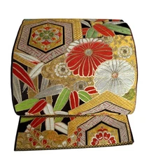 Vintage Japanese Fukuro Obi Kimono Belt   Pure Silk  Gold Embroidery Floral