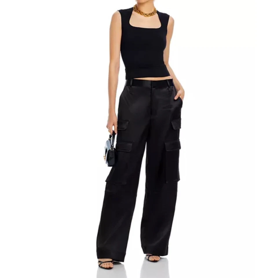 Camiseta sin mangas AQUA negra cuello cuadrado tejido ajustada de moda básica Foto 2 de 4