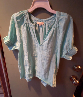 Stark X Blue Teal Linen Woven Pleated V-Neck Puff Short Sleeve Blouse M