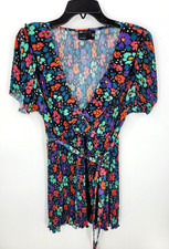Asos Design Dress Womens 12 Black Floral Stretch Pleat Abort Sleeve Romantic