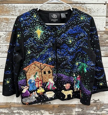 VTG Michael Simon Event Christmas Nativity Cardigan Women M Sweater 2001 Y2K