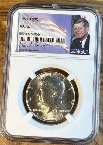 1968 D NGC MS64 Silver Kennedy Half Dollar 50c JFK Coin Signature Flag Label FS