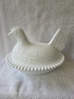 Vintage Indiana White Milk Glass Beaded Chicken Hen Nest Covered Dish READ