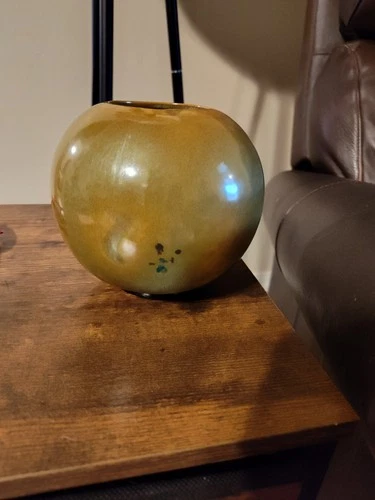 Frankoma Pottery Ball Vase, Model 55 In Green & Brown Glaze 4.5" Tall, 5" W