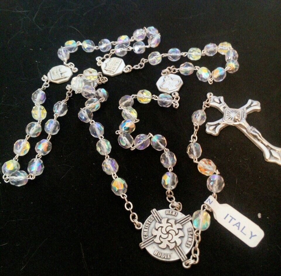 AB Aurora Borealis Clear Crystal Rosary Beads, Made in Italy, Vatican Souvenir