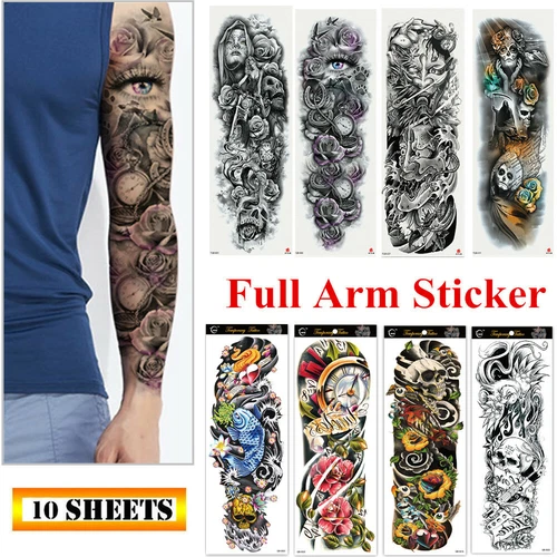 10 Sheets Fake Temporary Tattoo Large Full Arm Sticker Waterproof Black Color - product listing photo