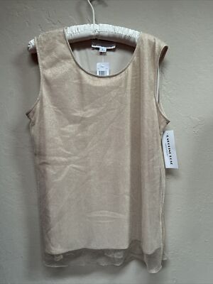 Caroline Rose Twinkle Metallic Tank Top Gold Large Scoop Neck Lined New $130
