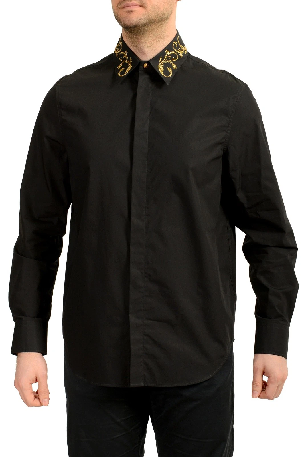 Versace — Versace Men's Black & Gold Collar Embellishments Long Sleeve Shirt US S IT 48
