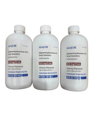 Major Diphenhydramine Liquid 12.5mg/5ml Cherry - 16oz each  ( 3 bottles )