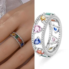 KUNSIR 925 Sterling Silver Openwork 5A Colorful CZ Wide Band Ring For Women men