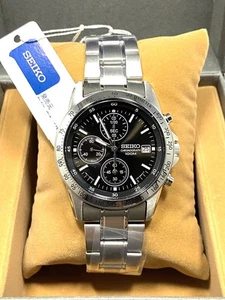 New Watch SEIKO Men's Chronograph Simple Stylish Quartz Silver Waterproof Black