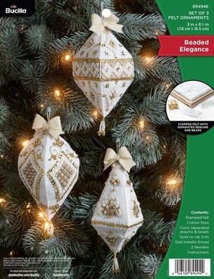 DIY Bucilla Beaded Elegance White Gold Christmas Felt Tree Ornament Kit