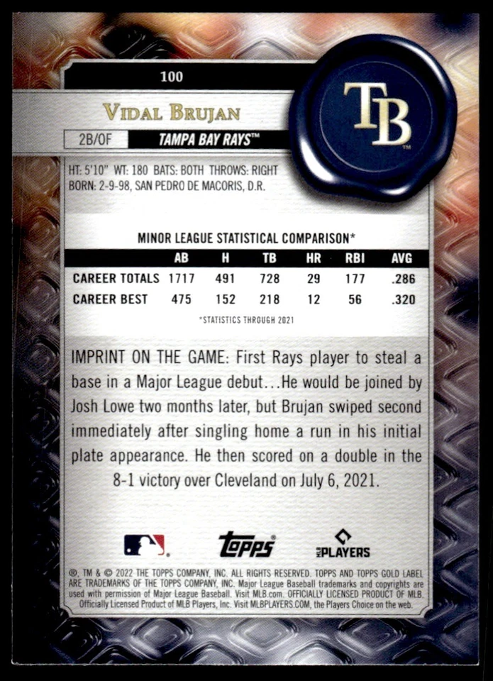 2022 TOPPS GOLD LABEL CLASS 2 Vidal Brujan Rookie Tampa Bay Rays #100 - Image 2 of 2