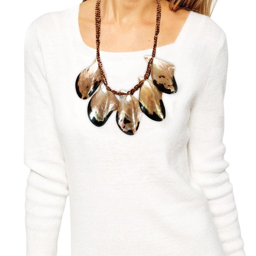 Nature's Medley Natural Brownlip Shell and Wood Beads Statement Necklace - Picture 4 of 4