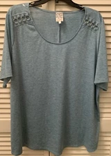 NAIF Women’s Sz 2X Blue Green Twill Blouse Top Short Sleeves Shirt