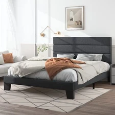 Full Size Fabric Upholstered Platform Bed Frame, Dark Grey