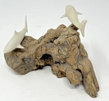 Vintage Desk Art Pair Of White Sharks On Burlwood Base