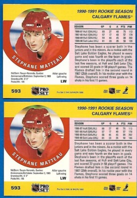 #593 STEPHANE MATTEAU ERROR SHIFTED STATS + CORRECTED 1990-91 PRO SET FLAMES