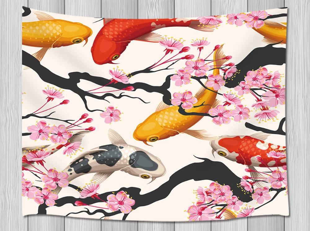 Japan Koi and Cherry Blossoms Hippie Tapestry Wall Hanging Room Decor Tapestries