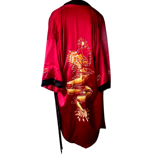 Reversible Silk & Satin Kimono Robe Dragon Embroidery Red & Black Size L - Picture 5 of 12