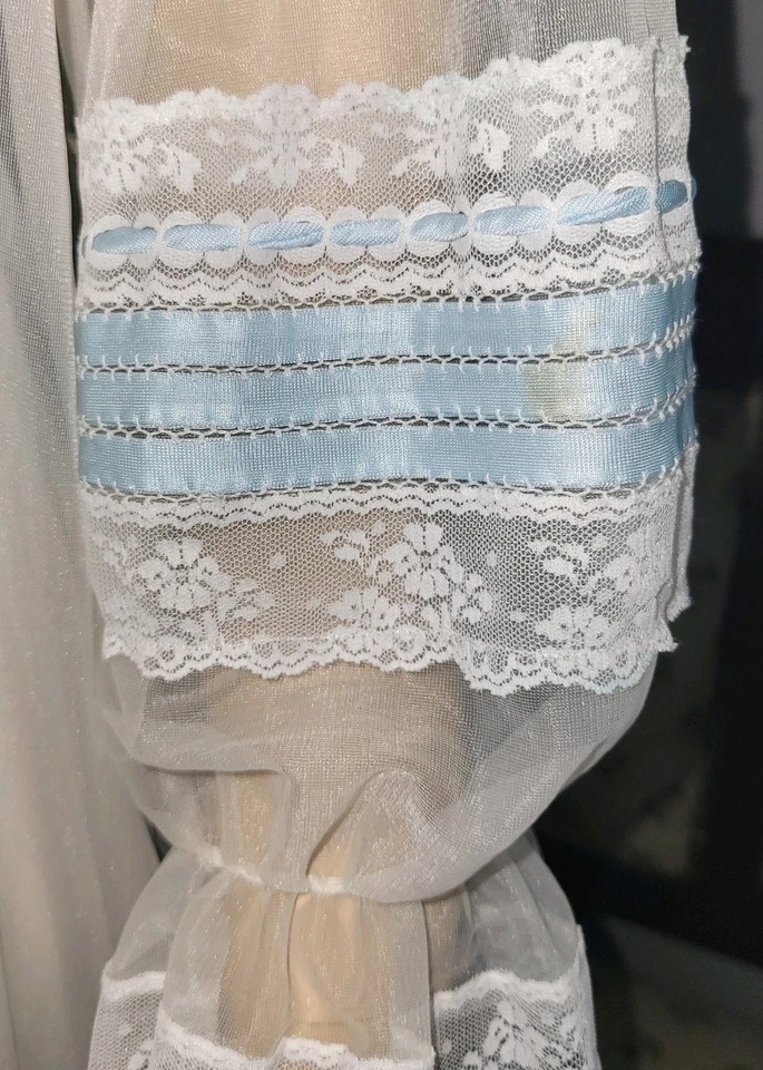Bom Usado Vintage Miss Elaine Longo Transparente Branco & Azul Conjunto Peignoir Bom 37.5-40 - Imagem 4 de 4