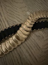 Vtg Belt Metal Gold Tone Oval Discs Medallions Black Elastic Stretch