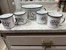 Lee Seed Co Vintage Popcorn Bowl And 4 Cups Enamelware Playing Card Set