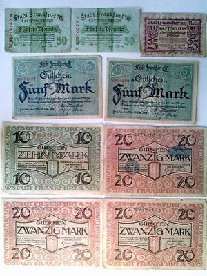 Notgeld, Stadt Frankfurt a.M., 1x25, 2x50 Pfennig, 2x5, 1x10, 3x20 Mark, 1917/18