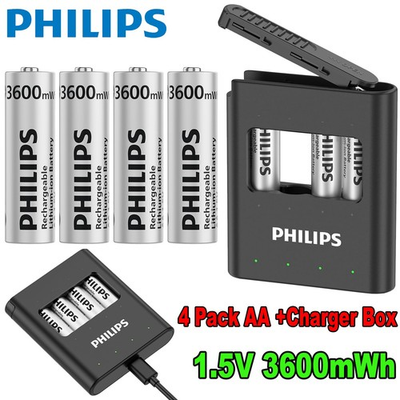 #ad Philips 4Pcs AA Lithium Rechargeable Batteries 1.5V 3600mWh w Fast Charger Box $13.99