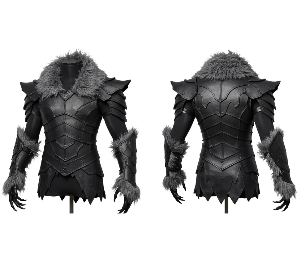 Black Leather Medieval Fur Armor Pure Cowhide Knight Armor Cosplay Halloween - Image 3 of 4