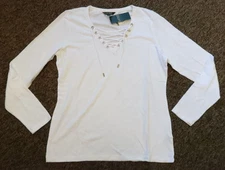 New Lauren Ralph Lauren Lace Up Neck Shirt - MEDIUM - White