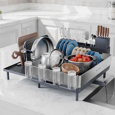 SUNLY Large Dish Drying Rack, Expandable Racks for Large, Gray + Silver 