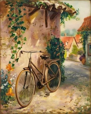 Cottage Road with Bicycle | Romantic Village Lane Art | Museum Fine Art Print