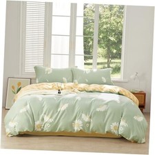 Floral King Size Duvet Cover Set 3pcs Green King 104"x90" White Daisy