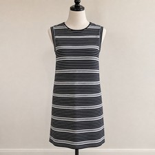 LOFT Large Sleeveless Shift Dress Black White Striped Back Zip NWT