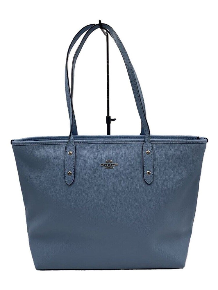 COACH Tote Bag Leather BLU Solid Color