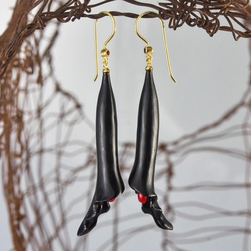 Flower Earrings Negro Cuerno, Rojo Coral, Rubí & Oro Vermeil Plata de Ley 5.64g - Imagen 9 de 14