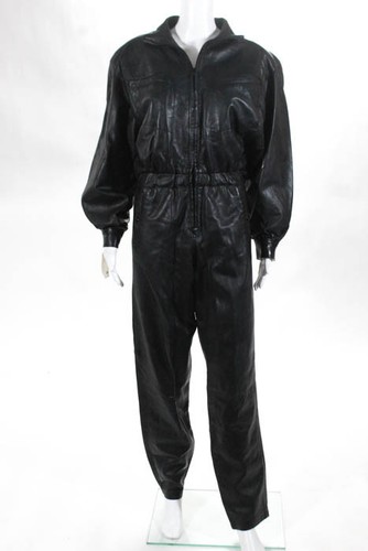 Designer-Black-Leather-Long-Sleeve-Straight-Leg-Zipper-Front-Jumpsuit-Size-6