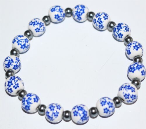 Vintage In Seattle fabulous blue white porcelain flower beads bracelet Lot#1167 - Zdjęcie 1 z 2